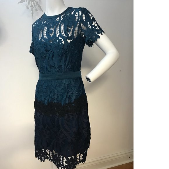 Rare Le Chateau laser cut crochet floral lace embroidery emerald teal blue dress - Picture 3 of 11